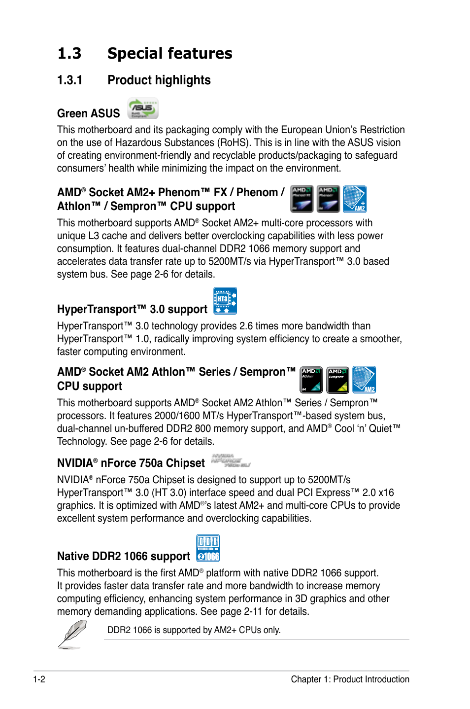 3 special features, 1 product highlights, Special features -2 1.3.1 | Product highlights -2 | Asus M3N72-D User Manual | Page 18 / 174