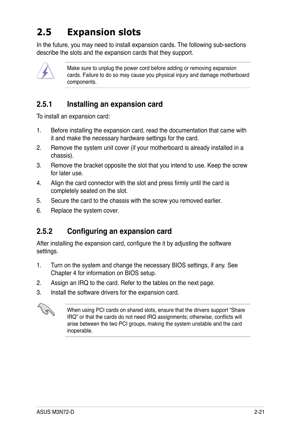 5 expansion slots, 1 installing an expansion card, 2 configuring an expansion card | Expansion slots -21 2.5.1, Installing an expansion card -21, Configuring an expansion card -21 | Asus M3N72-D User Manual | Page 45 / 174