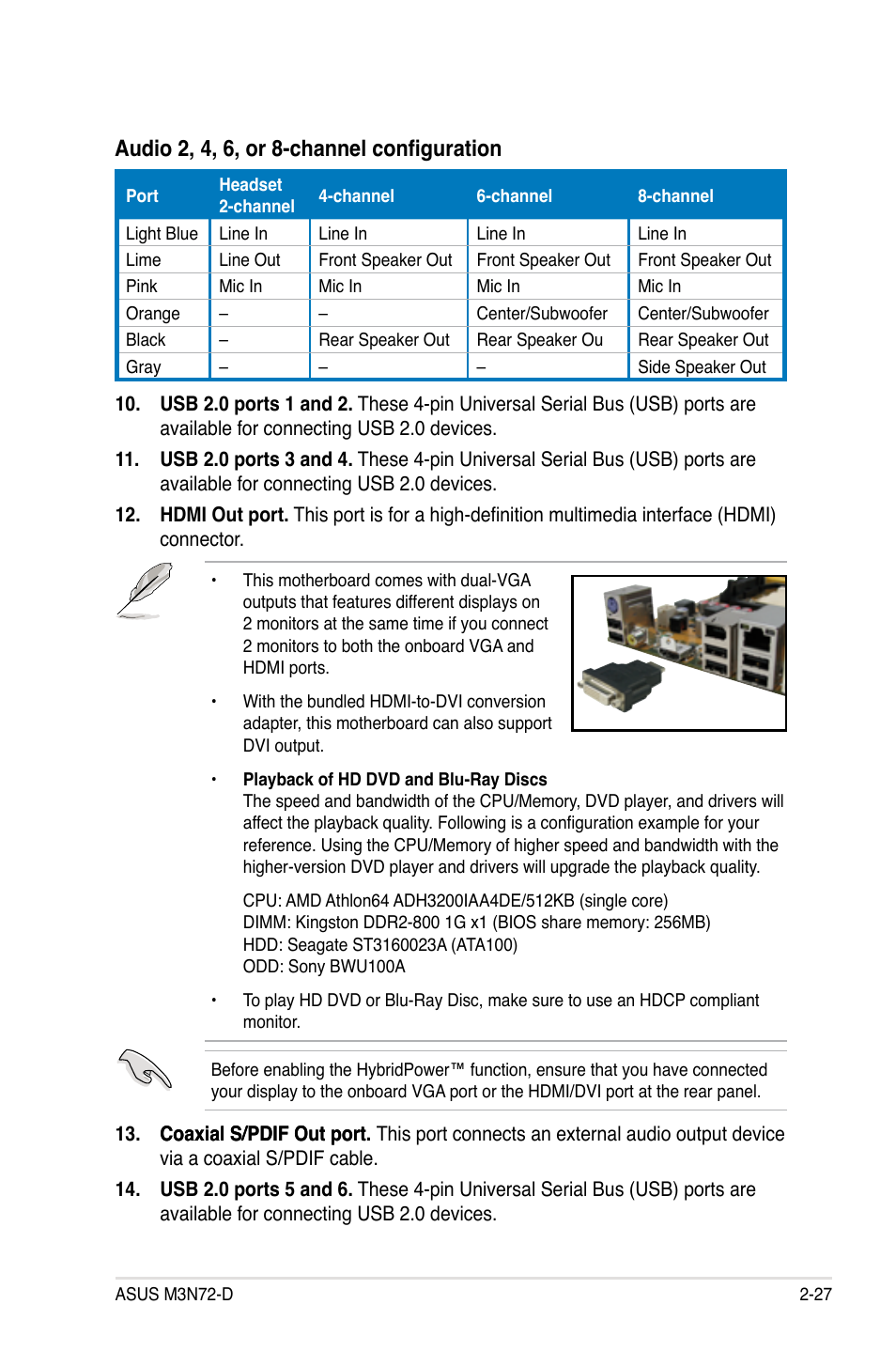 Audio 2, 4, 6, or 8-channel configuration | Asus M3N72-D User Manual | Page 51 / 174