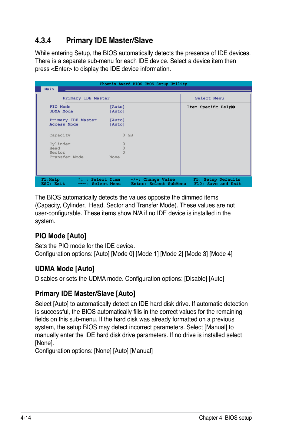 4 primary ide master/slave, Primary ide master/slave -14, Pio mode [auto | Udma mode [auto, Primary ide master/slave [auto | Asus M3N72-D User Manual | Page 86 / 174