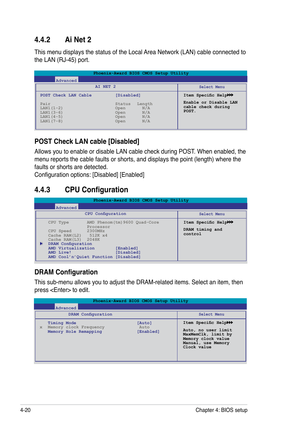 2 ai net 2, 3 cpu configuration, Ai net 2 -20 | Cpu configuration -20, Post check lan cable [disabled, Dram configuration, 20 chapter 4: bios setup | Asus M3N72-D User Manual | Page 92 / 174