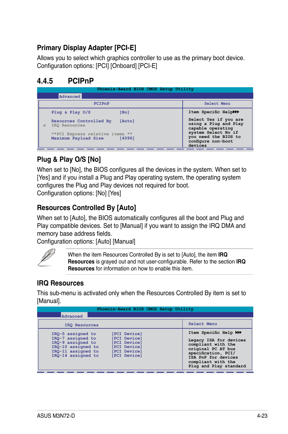 5 pcipnp, Pcipnp -23, Plug & play o/s [no | Resources controlled by [auto, Irq resources, Primary display adapter [pci-e | Asus M3N72-D User Manual | Page 95 / 174