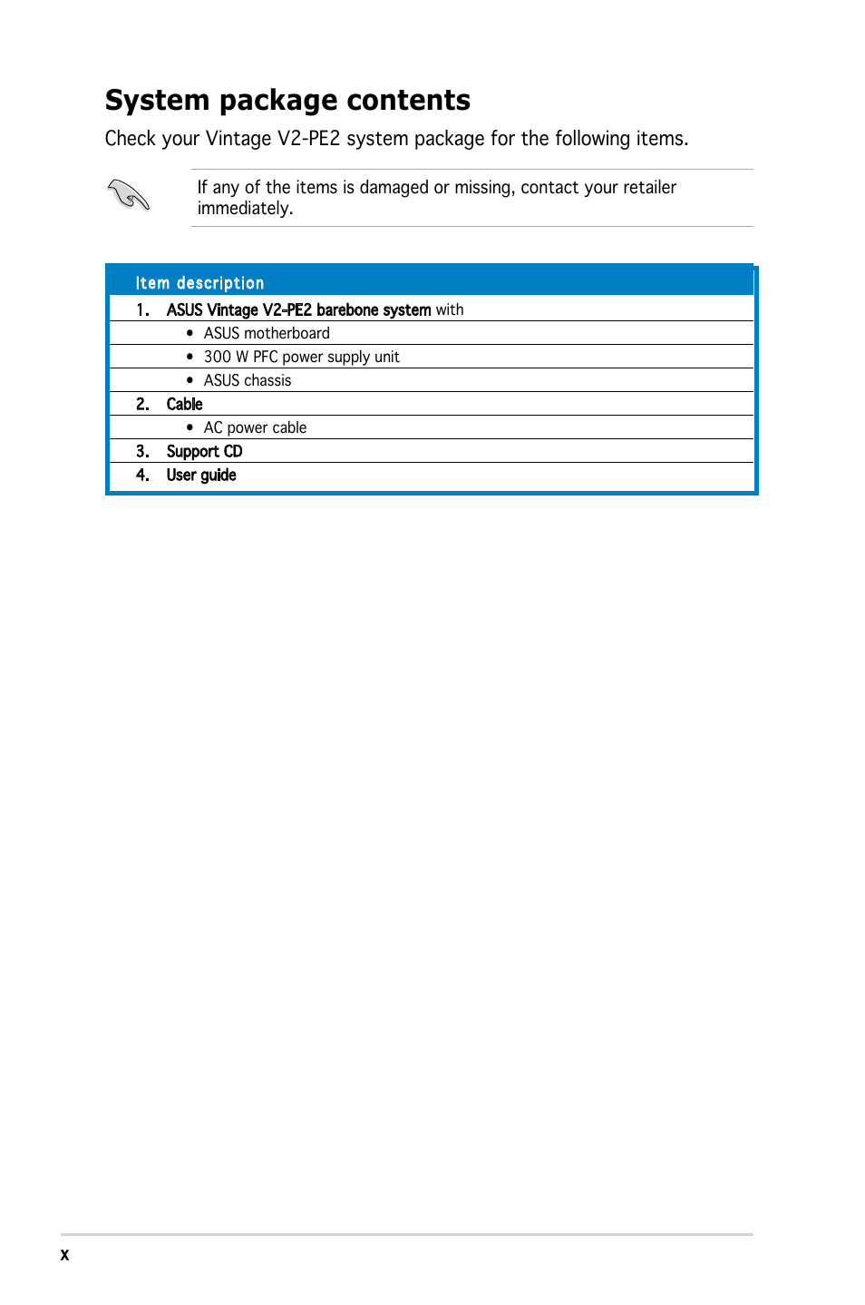 System package contents | Asus V2-PE2 User Manual | Page 10 / 97