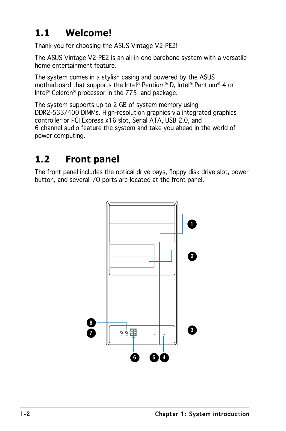 1 welcome, 2 front panel | Asus V2-PE2 User Manual | Page 12 / 97