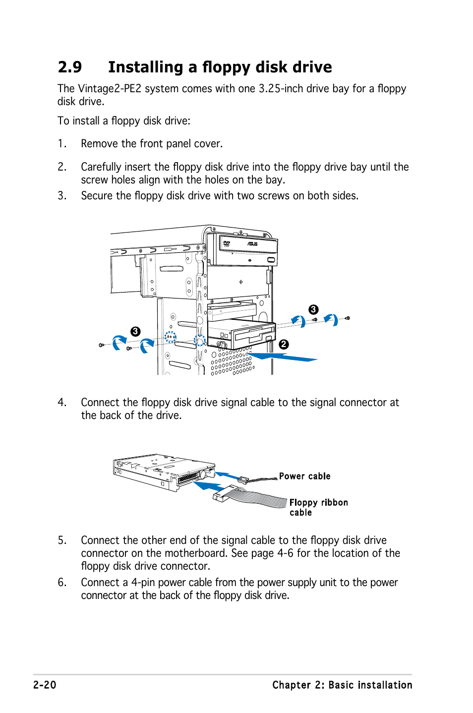 9 installing a floppy disk drive | Asus V2-PE2 User Manual | Page 38 / 97