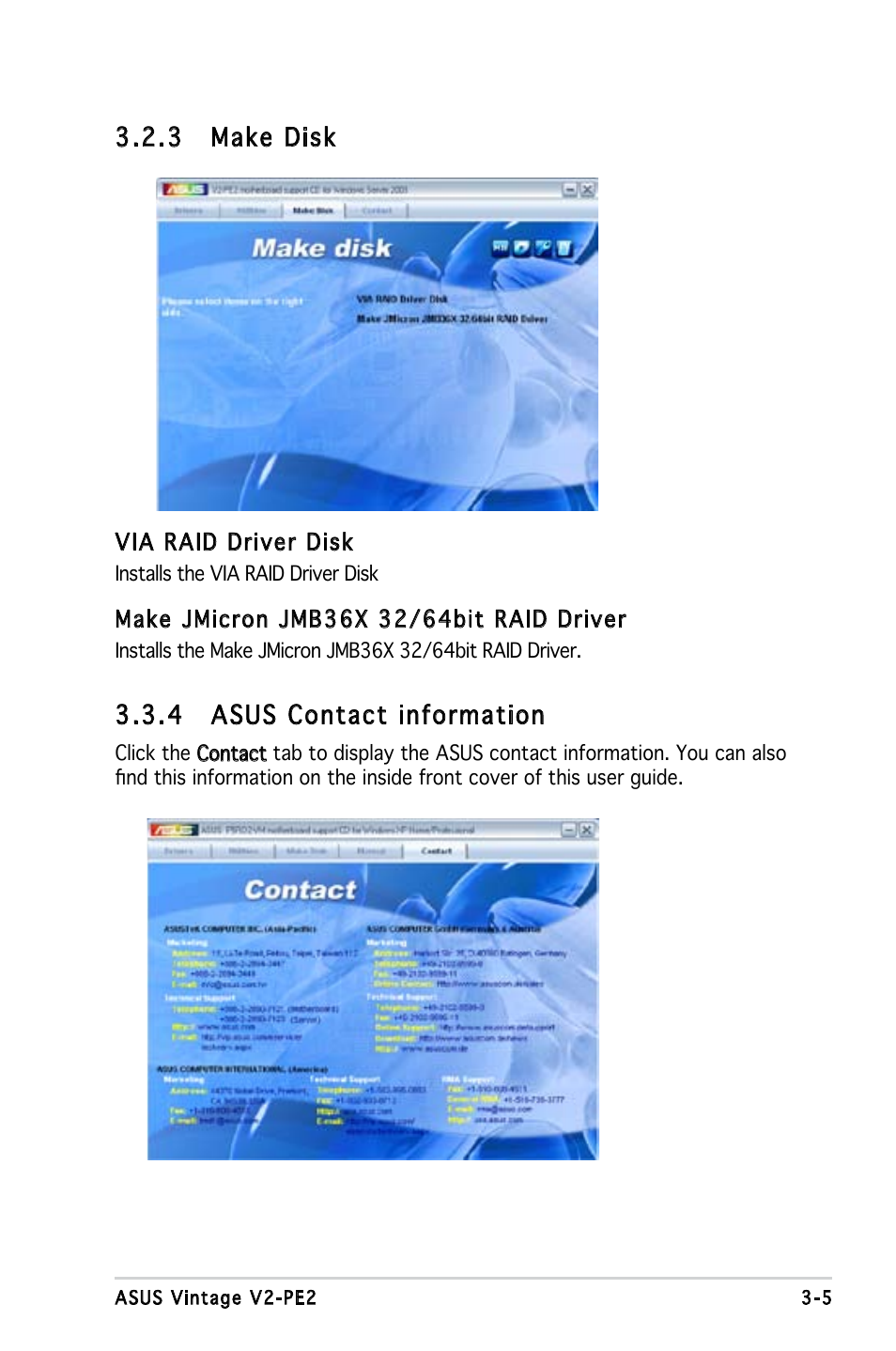 3 make disk, 4 asus contact information | Asus V2-PE2 User Manual | Page 45 / 97