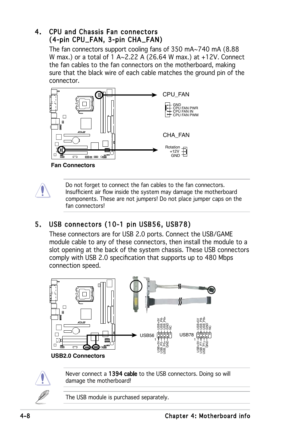 The usb module is purchased separately, Fan connectors cha_fan, Cpu_fan | Usb2.0 connectors | Asus V2-PE2 User Manual | Page 59 / 97