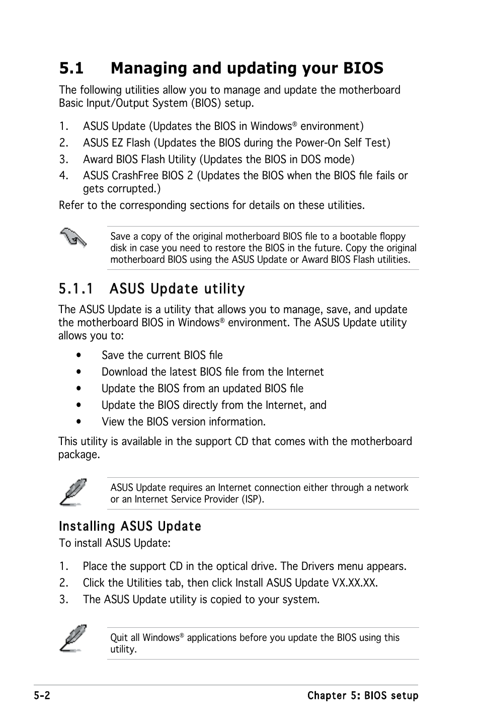 1 managing and updating your bios, 1 asus update utility, Installing asus update | Asus V2-PE2 User Manual | Page 65 / 97