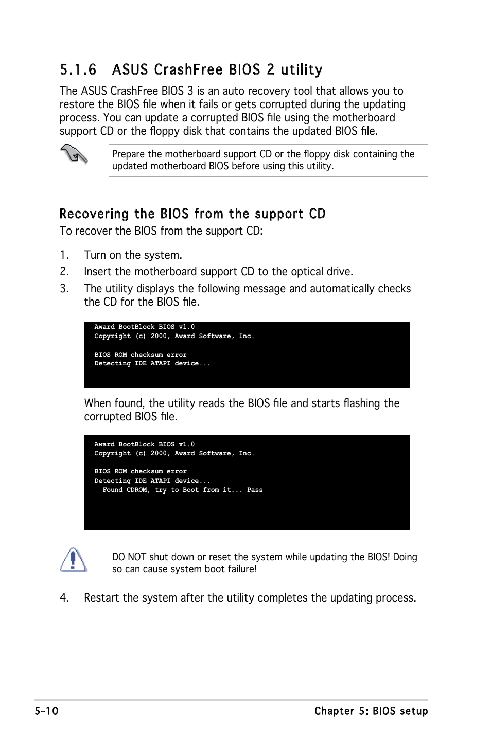 6 asus crashfree bios 2 utility, Recovering the bios from the support cd | Asus V2-PE2 User Manual | Page 73 / 97