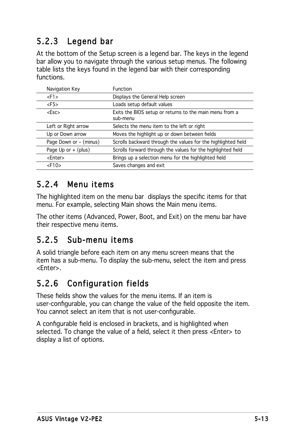 4 menu items, 5 sub-menu items, 6 configuration fields | 3 legend bar | Asus V2-PE2 User Manual | Page 76 / 97