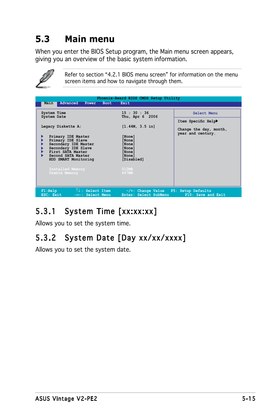 3 main menu, 1 system time [xx:xx:xx, Allows you to set the system time | Allows you to set the system date | Asus V2-PE2 User Manual | Page 78 / 97