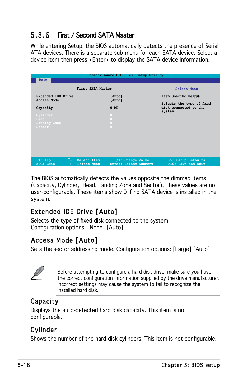 6 first / second sata master, Extended ide drive [auto, Access mode [auto | Capacity, Cylinder | Asus V2-PE2 User Manual | Page 81 / 97