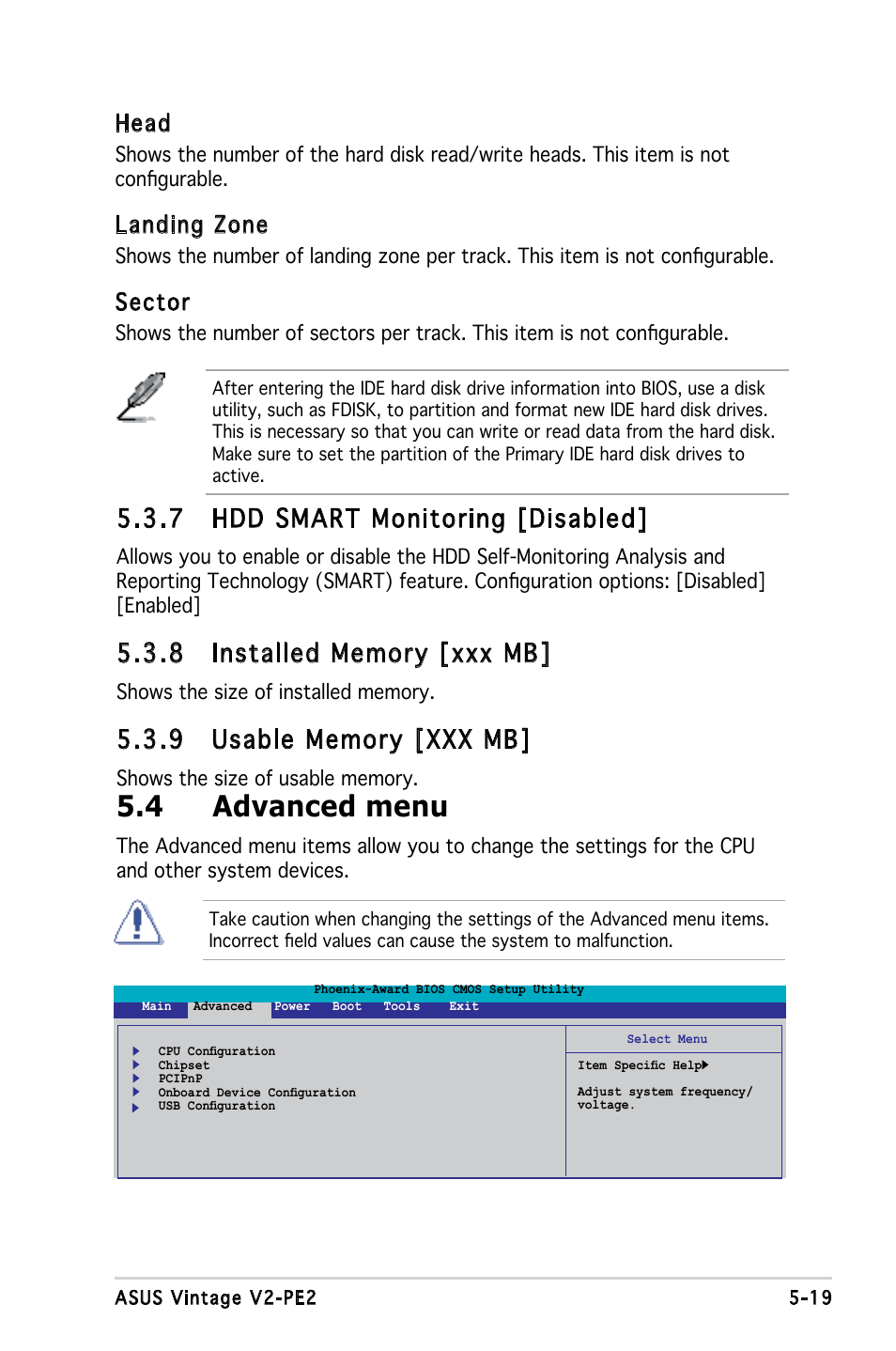 4 advanced menu, 7 hdd smart monitoring [disabled, Head | Landing zone, Sector | Asus V2-PE2 User Manual | Page 82 / 97