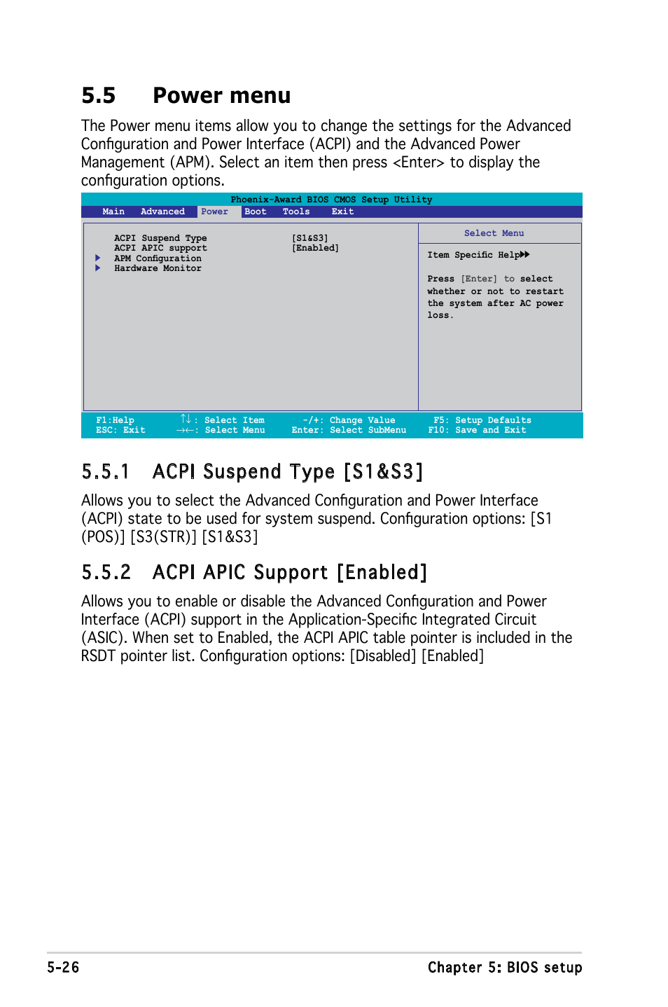 5 power menu, 1 acpi suspend type [s1&s3, 2 acpi apic support [enabled | Asus V2-PE2 User Manual | Page 89 / 97