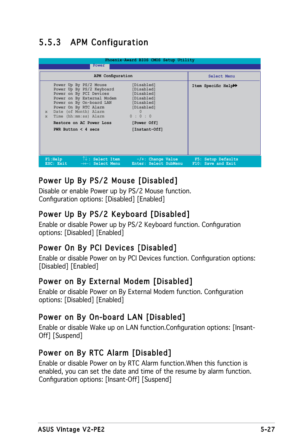 3 apm configuration, Power up by ps/2 mouse [disabled, Power up by ps/2 keyboard [disabled | Power on by pci devices [disabled, Power on by external modem [disabled, Power on by on-board lan [disabled, Power on by rtc alarm [disabled | Asus V2-PE2 User Manual | Page 90 / 97