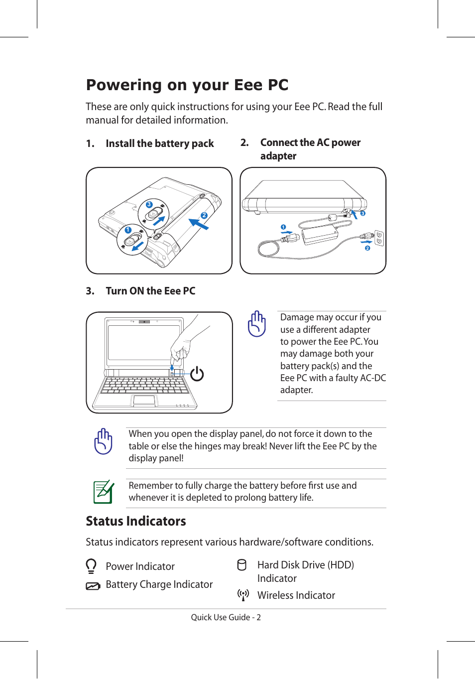 Powering on your eee pc, Status indicators | Asus Eee PC 900HD/Linux User Manual | Page 2 / 8