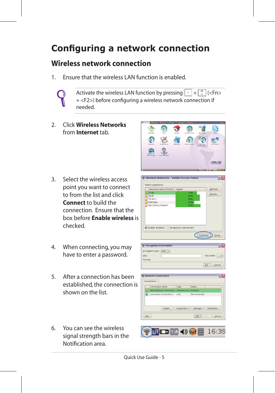 Configuring a network connection, Wireless network connection | Asus Eee PC 900HD/Linux User Manual | Page 5 / 8