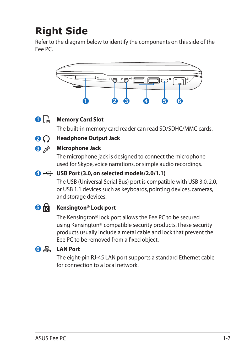 Right side, Right side -7 | Asus Eee PC 1015T User Manual | Page 15 / 62