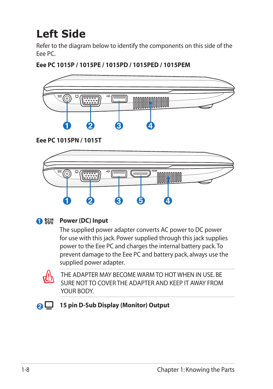 Left side, Left side -8 | Asus Eee PC 1015T User Manual | Page 16 / 62