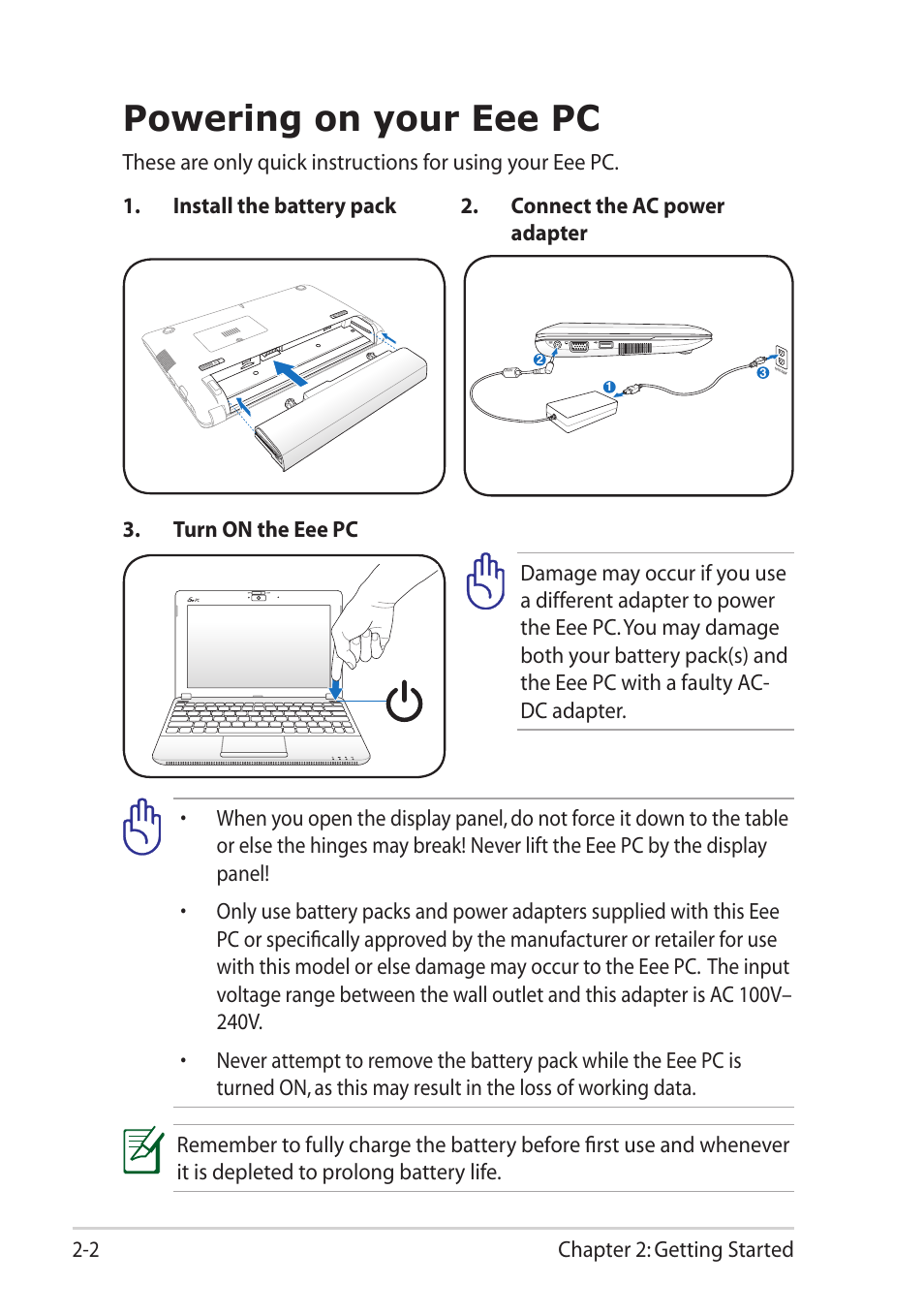 Powering on your eee pc, Powering on your eee pc -2 | Asus Eee PC 1015T User Manual | Page 24 / 62