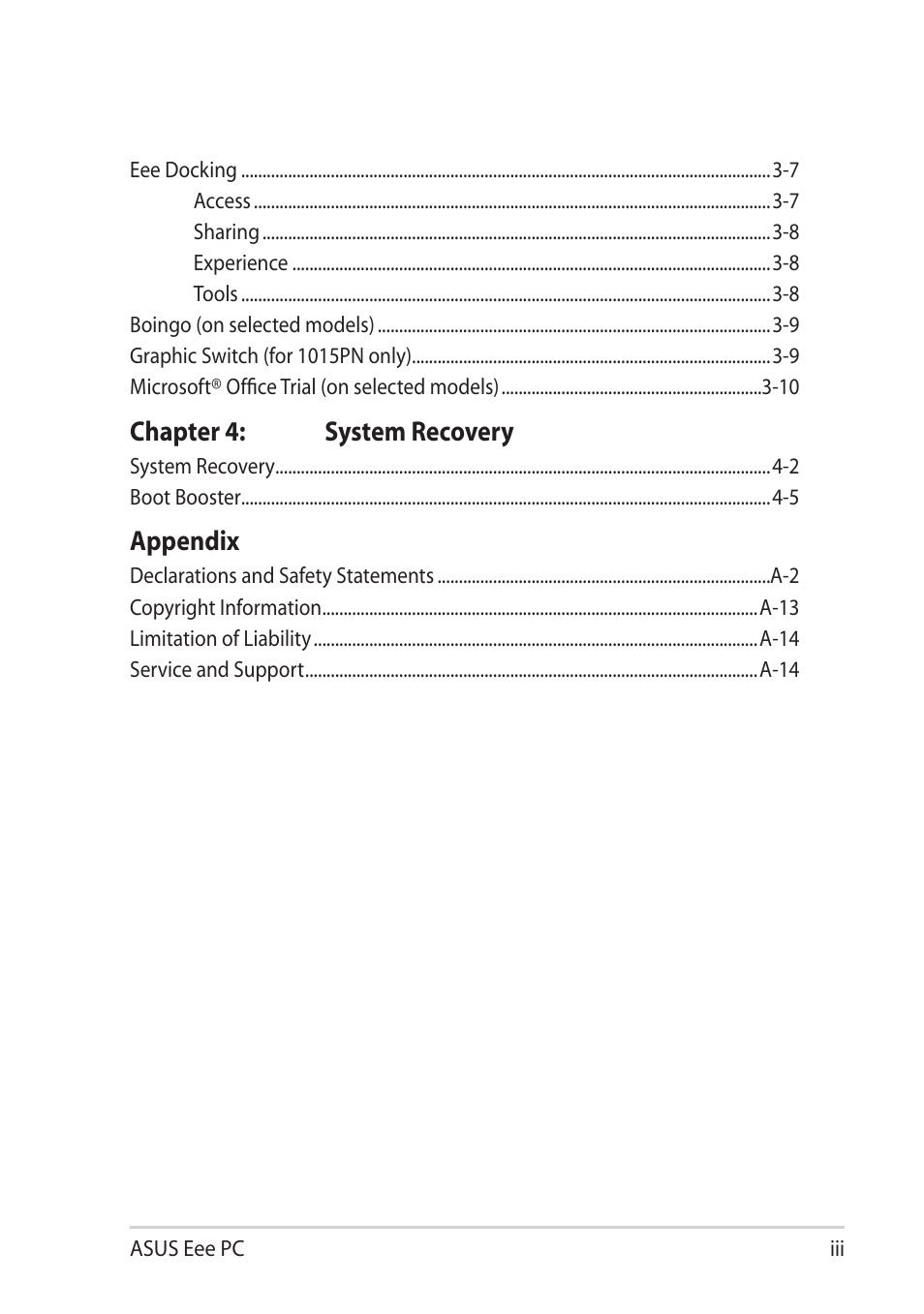 Chapter 4: system recovery, Appendix | Asus Eee PC 1015T User Manual | Page 3 / 62