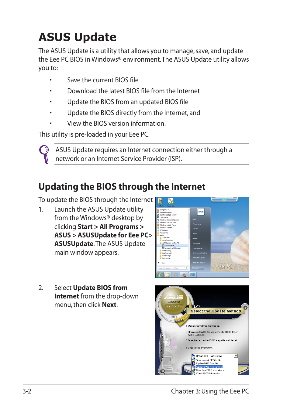 Asus update, Updating the bios through the internet, Asus update -2 | Updating the bios through the internet -2 | Asus Eee PC 1015T User Manual | Page 34 / 62