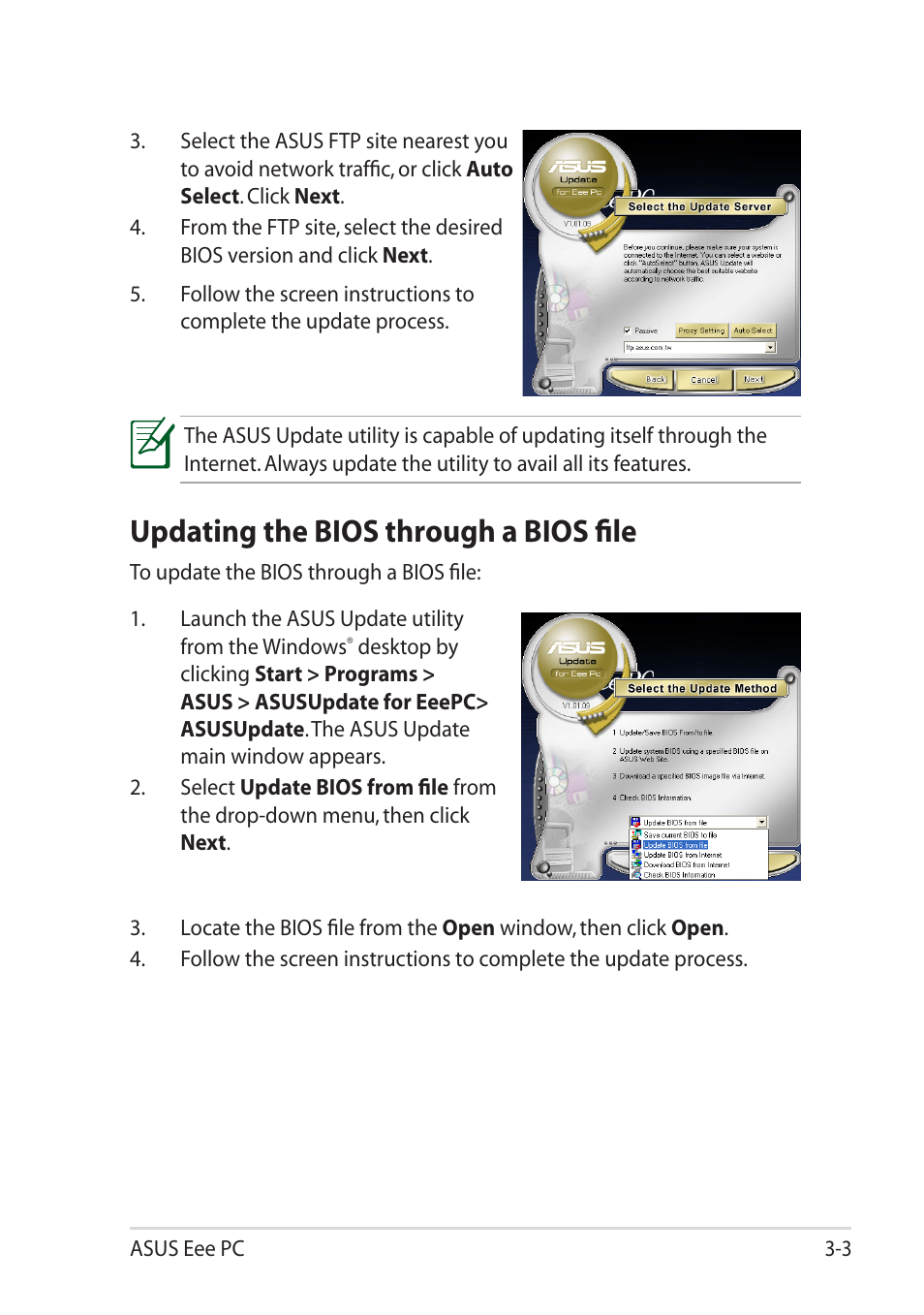 Updating the bios through a bios file, Updating the bios through a bios file -3 | Asus Eee PC 1015T User Manual | Page 35 / 62