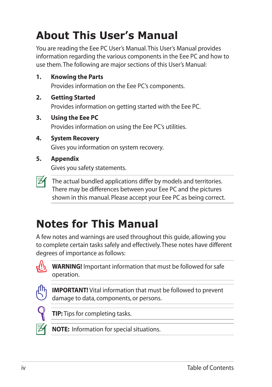 About this user’s manual, Notes for this manual | Asus Eee PC 1015T User Manual | Page 4 / 62