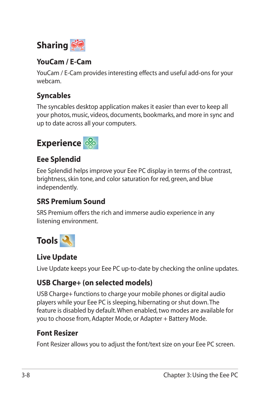 Sharing, Experience, Tools | Sharing -8 experience -8 tools -8 | Asus Eee PC 1015T User Manual | Page 40 / 62