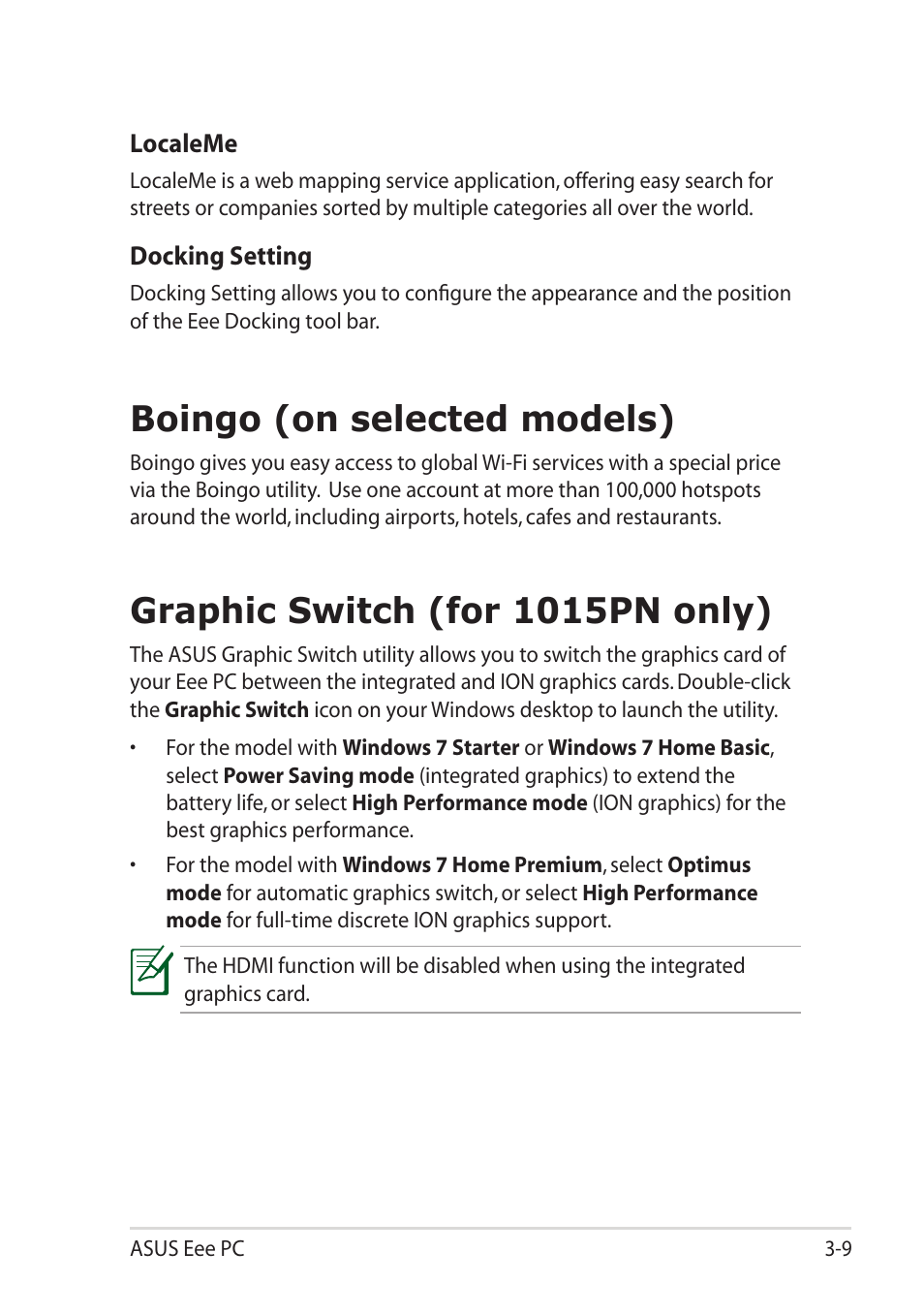 Boingo (on selected models), Graphic switch (for 1015pn only) | Asus Eee PC 1015T User Manual | Page 41 / 62