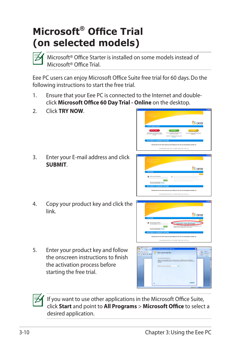 Microsoft® office trial (on selected models), Microsoft® office trial (on selected models) -10, Microsoft | Office trial (on selected models) | Asus Eee PC 1015T User Manual | Page 42 / 62
