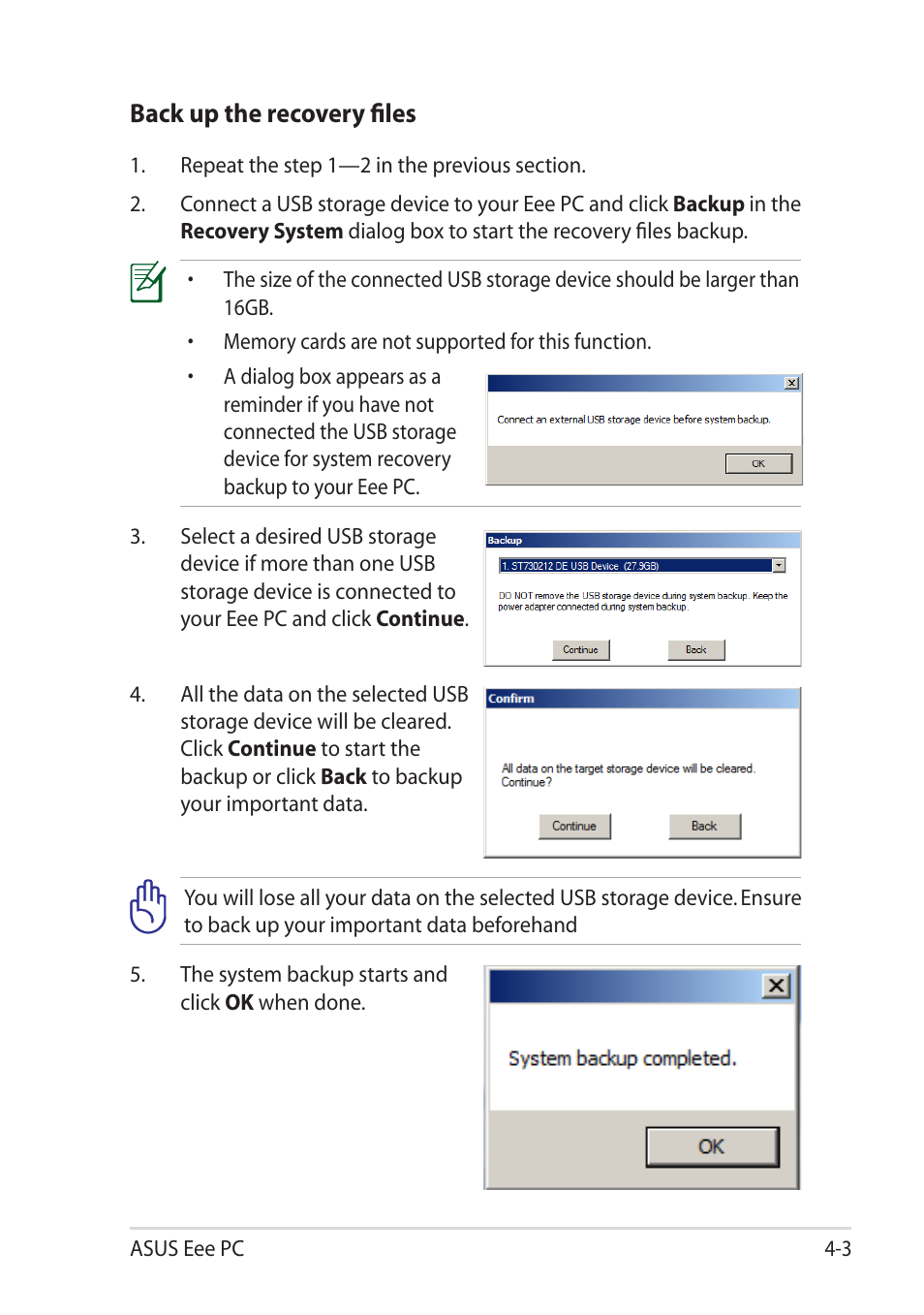 Back up the recovery files | Asus Eee PC 1015T User Manual | Page 45 / 62