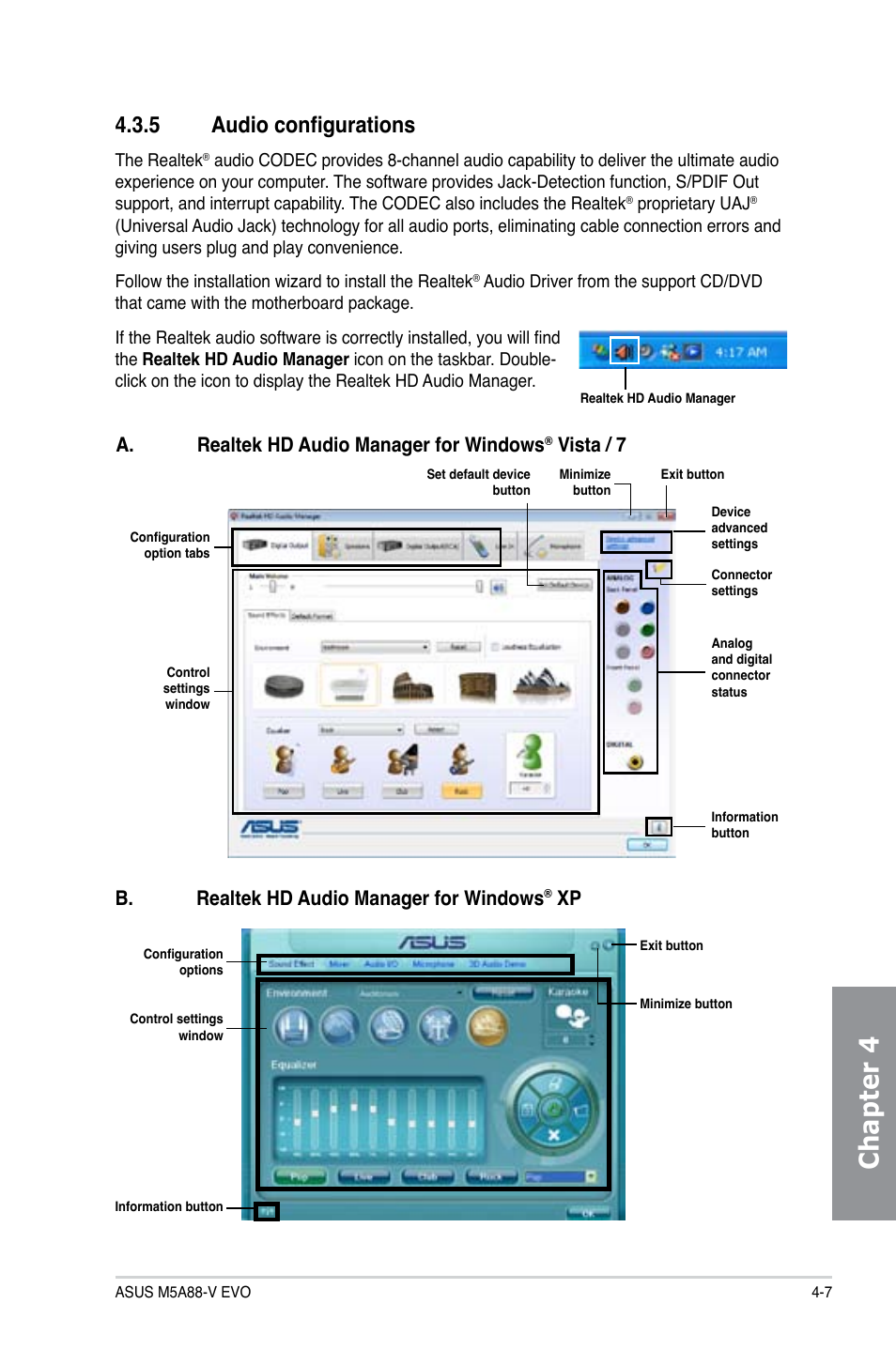 5 audio configurations, Audio configurations -7, Chapter 4 | A. realtek hd audio manager for windows, Vista / 7, B. realtek hd audio manager for windows | Asus M5A88-V EVO User Manual | Page 103 / 124