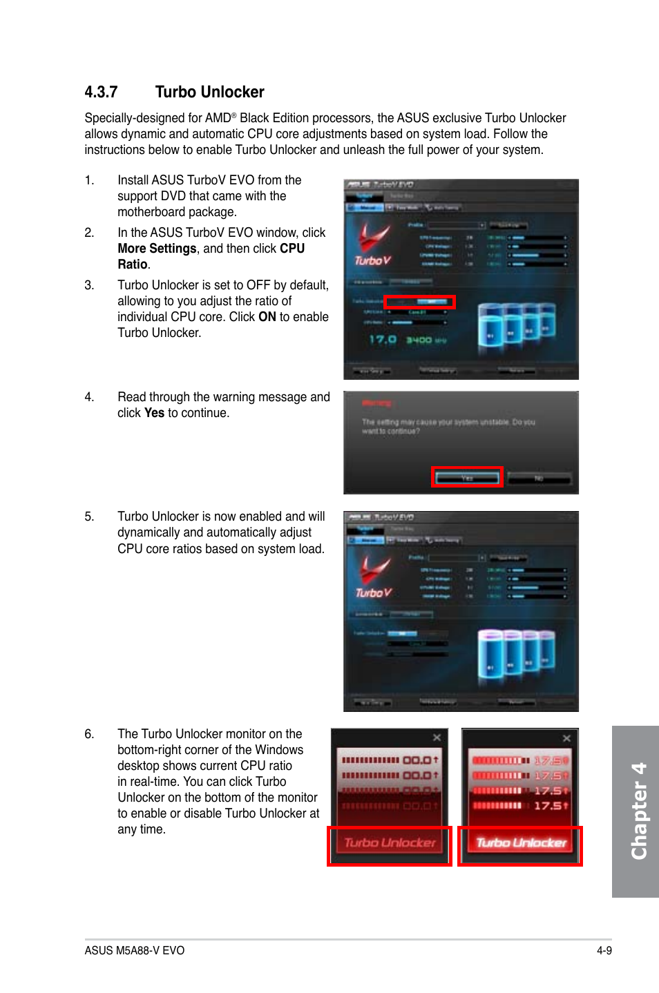 7 turbo unlocker, Turbo unlocker -9, Chapter 4 | Asus M5A88-V EVO User Manual | Page 105 / 124