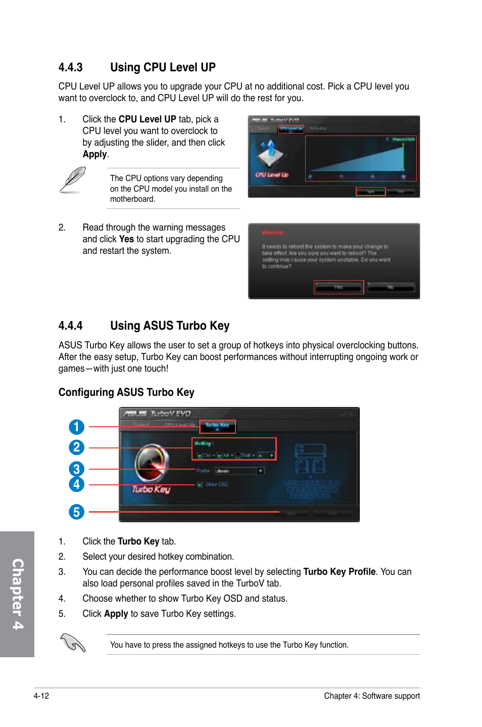 3 using cpu level up, 4 using asus turbo key, Using cpu level up -12 | Using asus turbo key -12, Chapter 4 | Asus M5A88-V EVO User Manual | Page 108 / 124