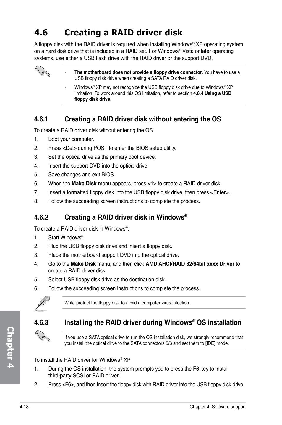 6 creating a raid driver disk, 2 creating a raid driver disk in windows, Creating a raid driver disk -18 4.6.1 | Creating a raid driver disk in windows, Installing the raid driver during windows, Os installation -18, Chapter 4 4.6 creating a raid driver disk, 3 installing the raid driver during windows, Os installation | Asus M5A88-V EVO User Manual | Page 114 / 124