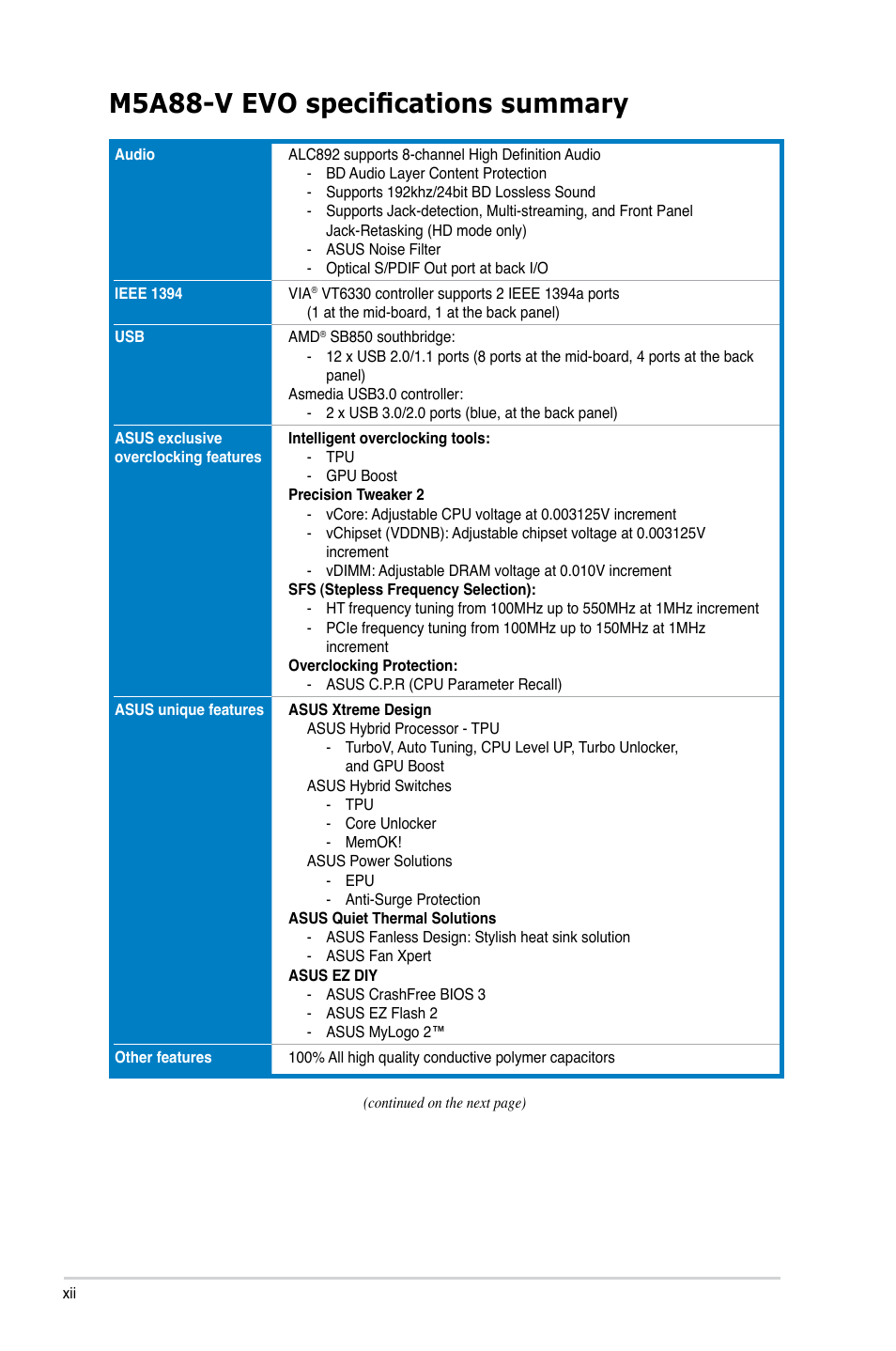 M5a88-v evo specifications summary | Asus M5A88-V EVO User Manual | Page 12 / 124