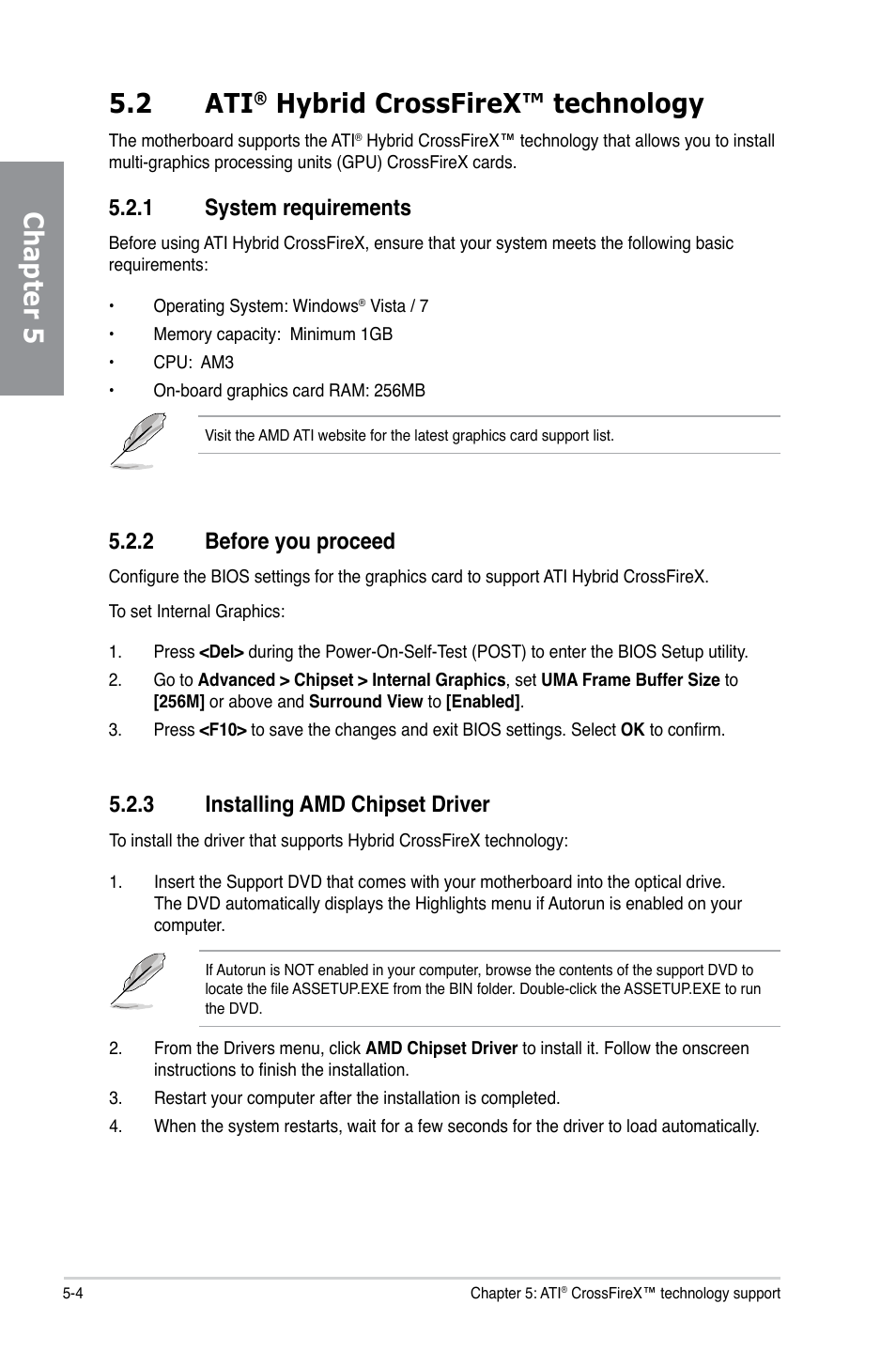 2 ati® hybrid crossfirex™ technology, 1 system requirements, 2 before you proceed | 3 installing amd chipset driver, Hybrid crossfirex™ technology -4, System requirements -4, Before you proceed -4, Installing amd chipset driver -4, Chapter 5, 2 ati | Asus M5A88-V EVO User Manual | Page 120 / 124