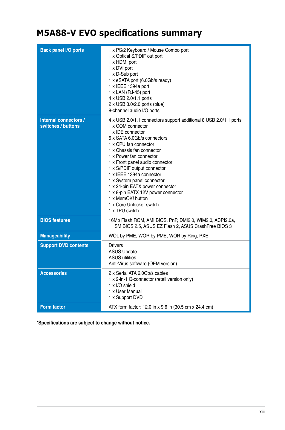 M5a88-v evo specifications summary | Asus M5A88-V EVO User Manual | Page 13 / 124