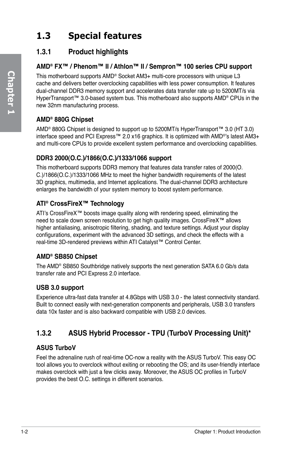 3 special features, 1 product highlights, Special features -2 1.3.1 | Product highlights -2, Chapter 1 1.3 special features | Asus M5A88-V EVO User Manual | Page 16 / 124