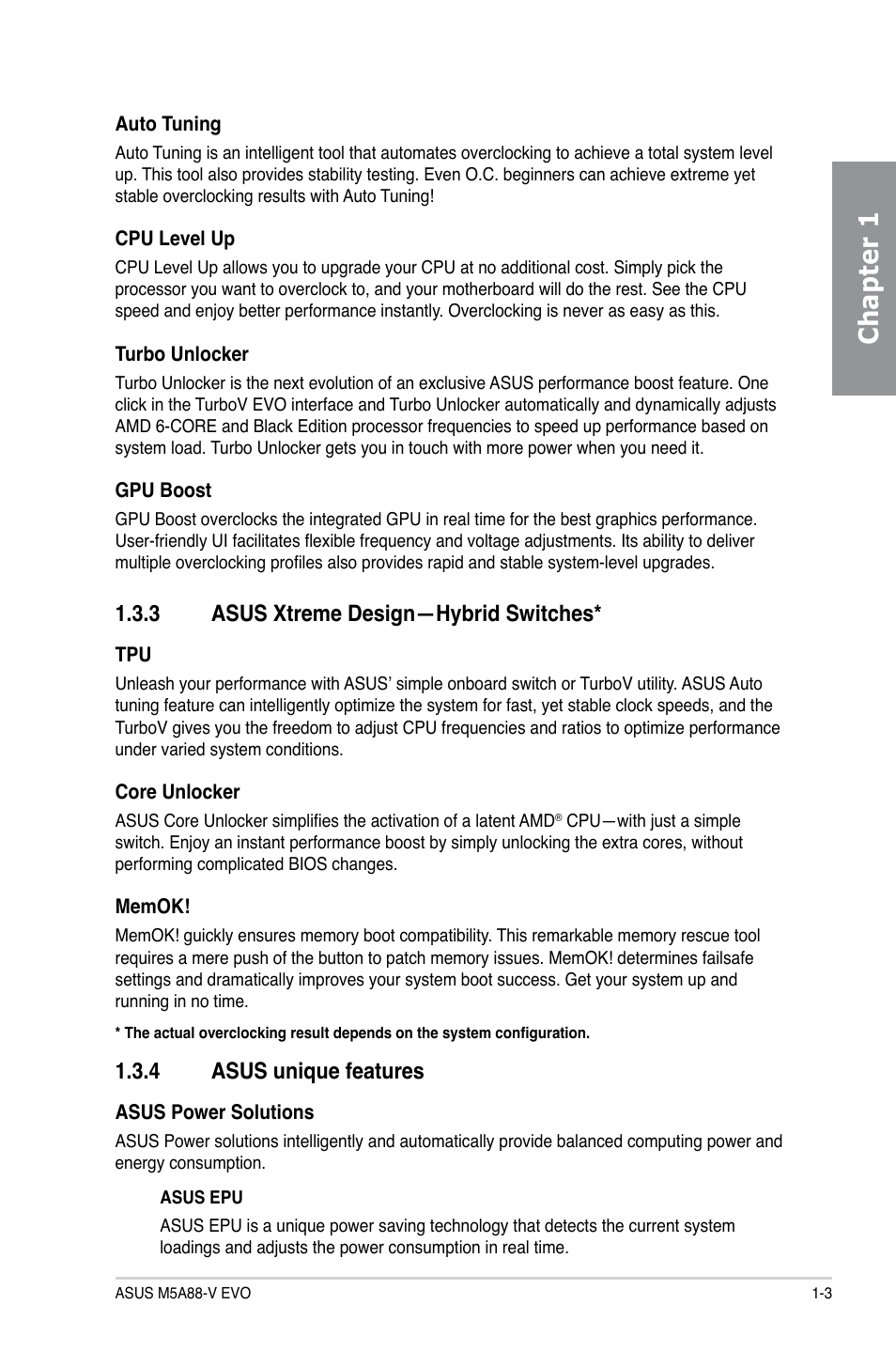 3 asus xtreme design—hybrid switches, 4 asus unique features, Asus xtreme design—hybrid switches* -3 | Asus unique features -3, Chapter 1 | Asus M5A88-V EVO User Manual | Page 17 / 124