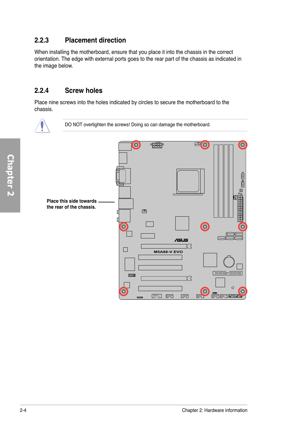 3 placement direction, 4 screw holes, Placement direction -4 | Screw holes -4, Chapter 2 | Asus M5A88-V EVO User Manual | Page 22 / 124