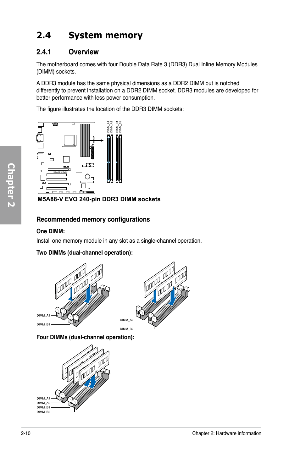 4 system memory, 1 overview, System memory -10 2.4.1 | Overview -10 | Asus M5A88-V EVO User Manual | Page 28 / 124