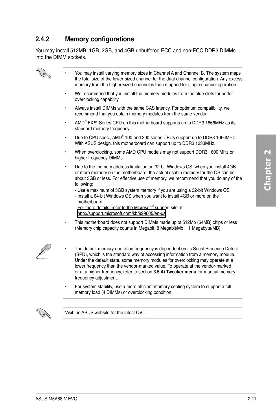 2 memory configurations, Memory configurations -11, Chapter 2 | Asus M5A88-V EVO User Manual | Page 29 / 124