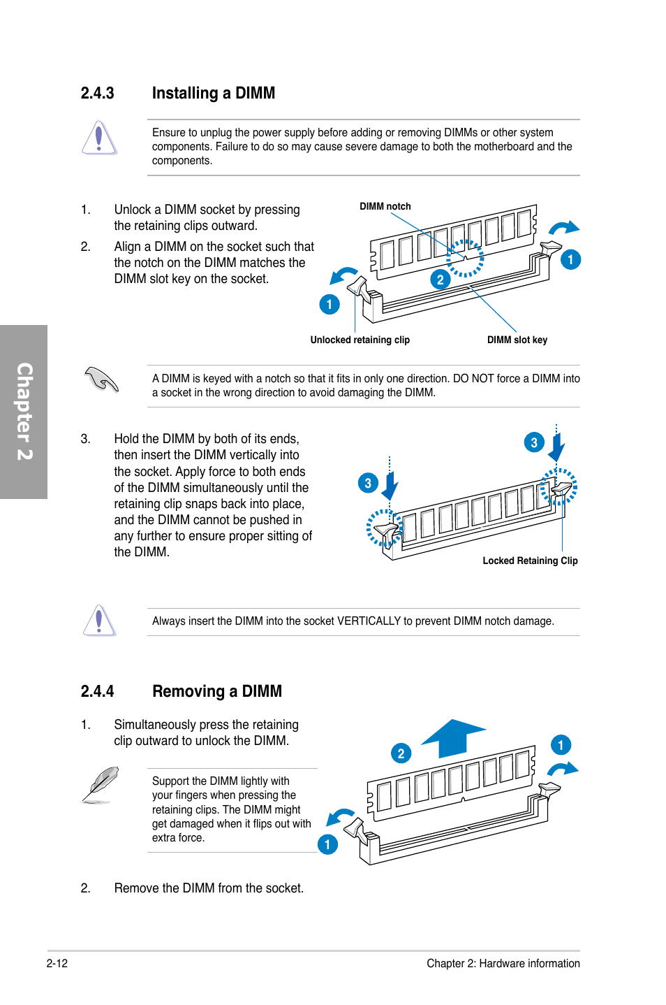 3 installing a dimm, 4 removing a dimm, Installing a dimm -12 | Removing a dimm -12, Chapter 2 | Asus M5A88-V EVO User Manual | Page 30 / 124