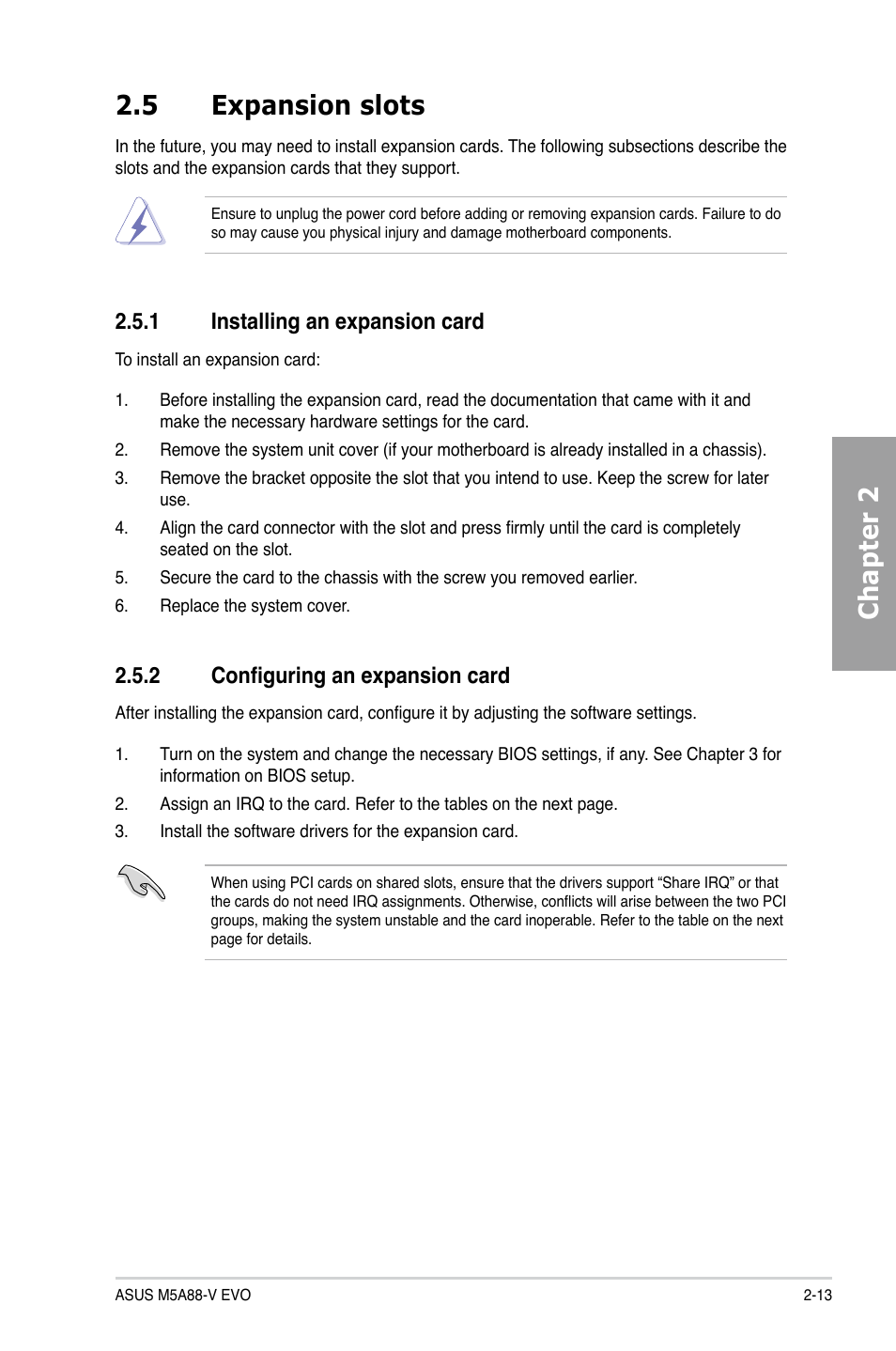 5 expansion slots, 1 installing an expansion card, 2 configuring an expansion card | Expansion slots -13 2.5.1, Installing an expansion card -13, Configuring an expansion card -13, Chapter 2 2.5 expansion slots | Asus M5A88-V EVO User Manual | Page 31 / 124