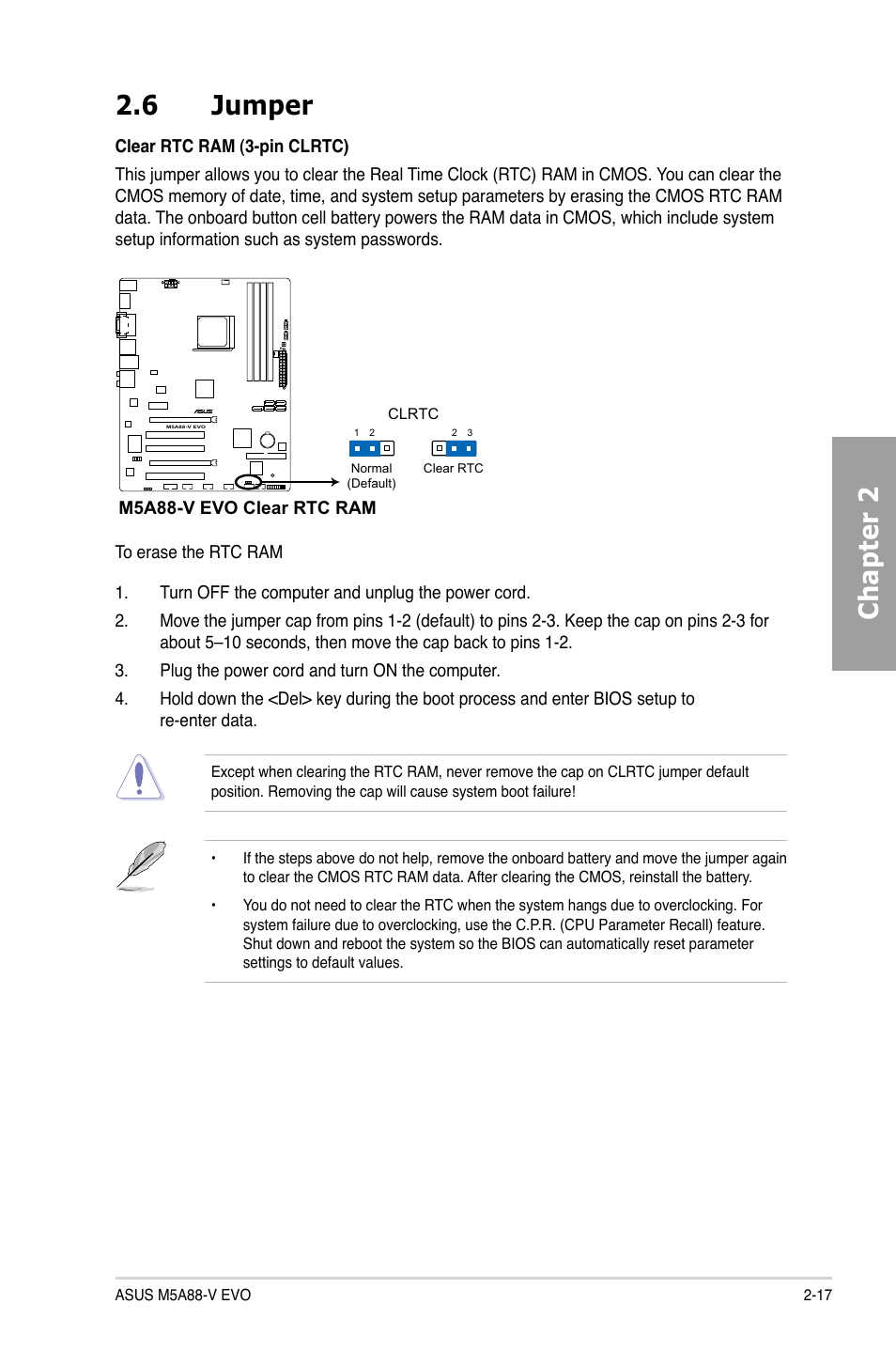 6 jumper, Jumper -17, Chapter 2 2.6 jumper | Asus M5A88-V EVO User Manual | Page 35 / 124