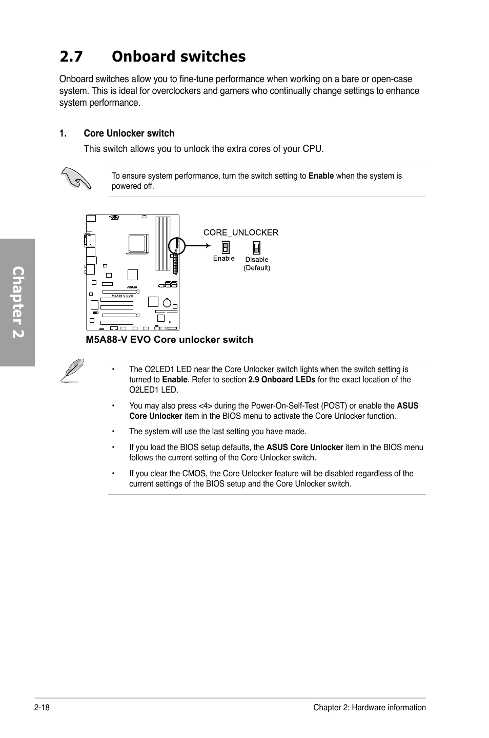 7 onboard switches, Onboard switches -18, Chapter 2 2.7 onboard switches | Asus M5A88-V EVO User Manual | Page 36 / 124