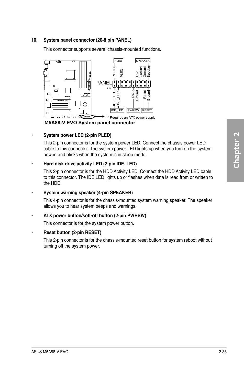Chapter 2, Panel, M5a88-v evo system panel connector | Asus M5A88-V EVO User Manual | Page 51 / 124