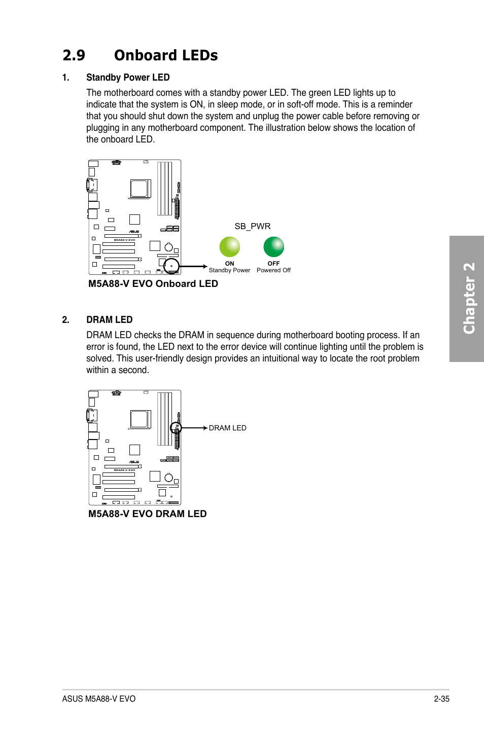 9 onboard leds, Onboard leds -35, Chapter 2 2.9 onboard leds | Asus M5A88-V EVO User Manual | Page 53 / 124